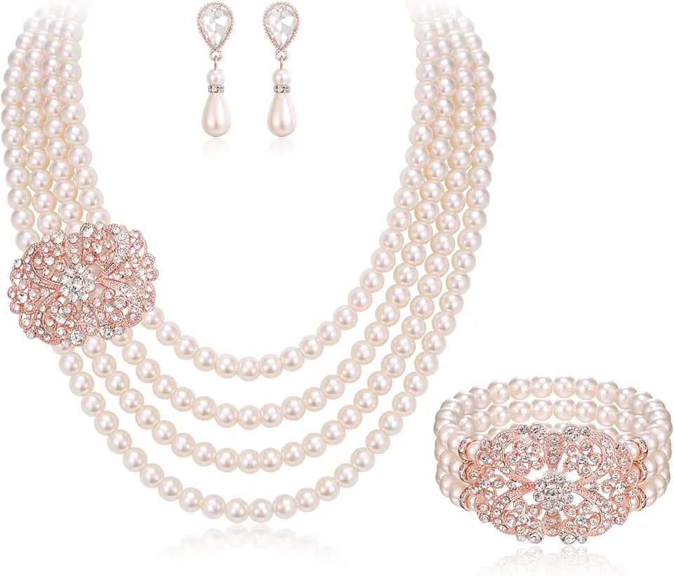 EleQueen Women's Silver-Tone Ivory Simulated Pearls Crystal Victorian Style Statement Necklace Earrings Bracelet Bridal Wedding Sets