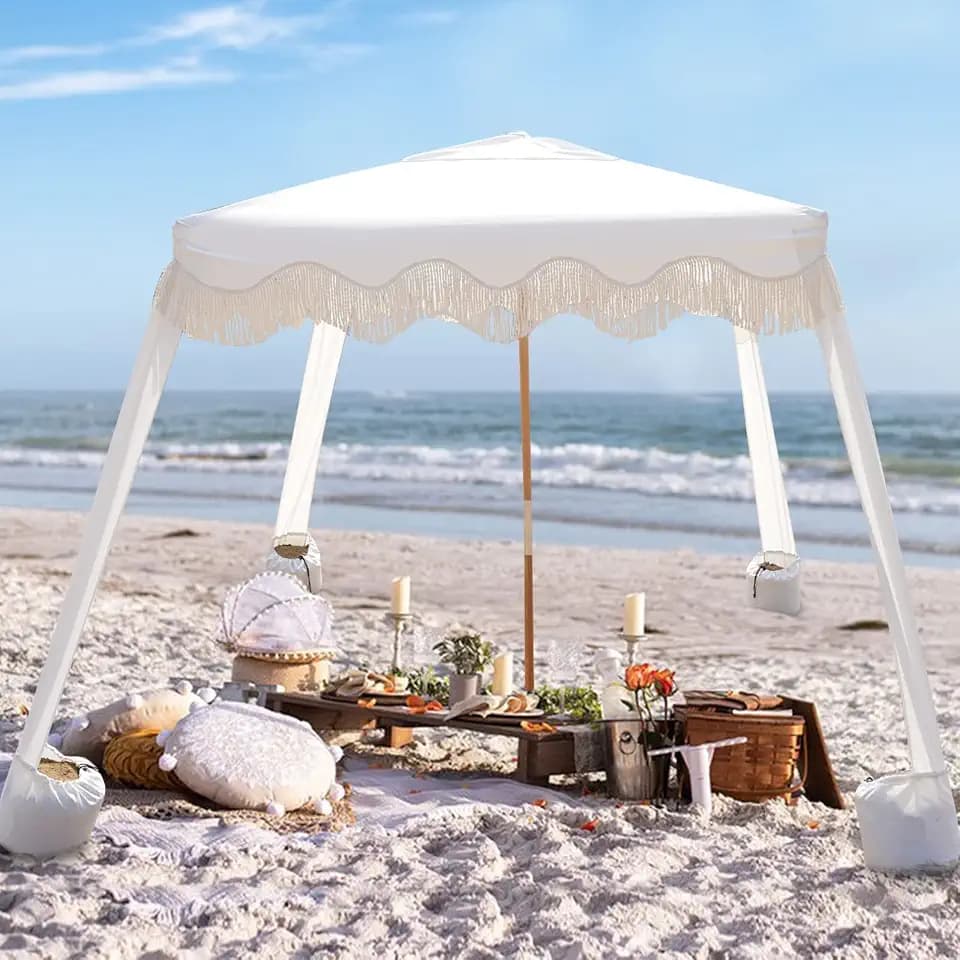 AMMSUN Beach Cabana with Fringe & Wood Pole, 7' x 7' Boho Canopy