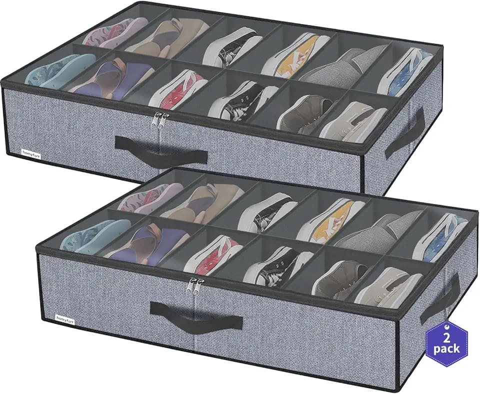 homyfort 2 Stück Unterbett-Kommode für Schuhe mit Durchsichtigem Deckel - Schuhaufbewahrungstasche Starke Aufbewahrungskiste für Schuhaufbewahrung mit 12 Fächern, Grau Leinen, XDUBSB2P