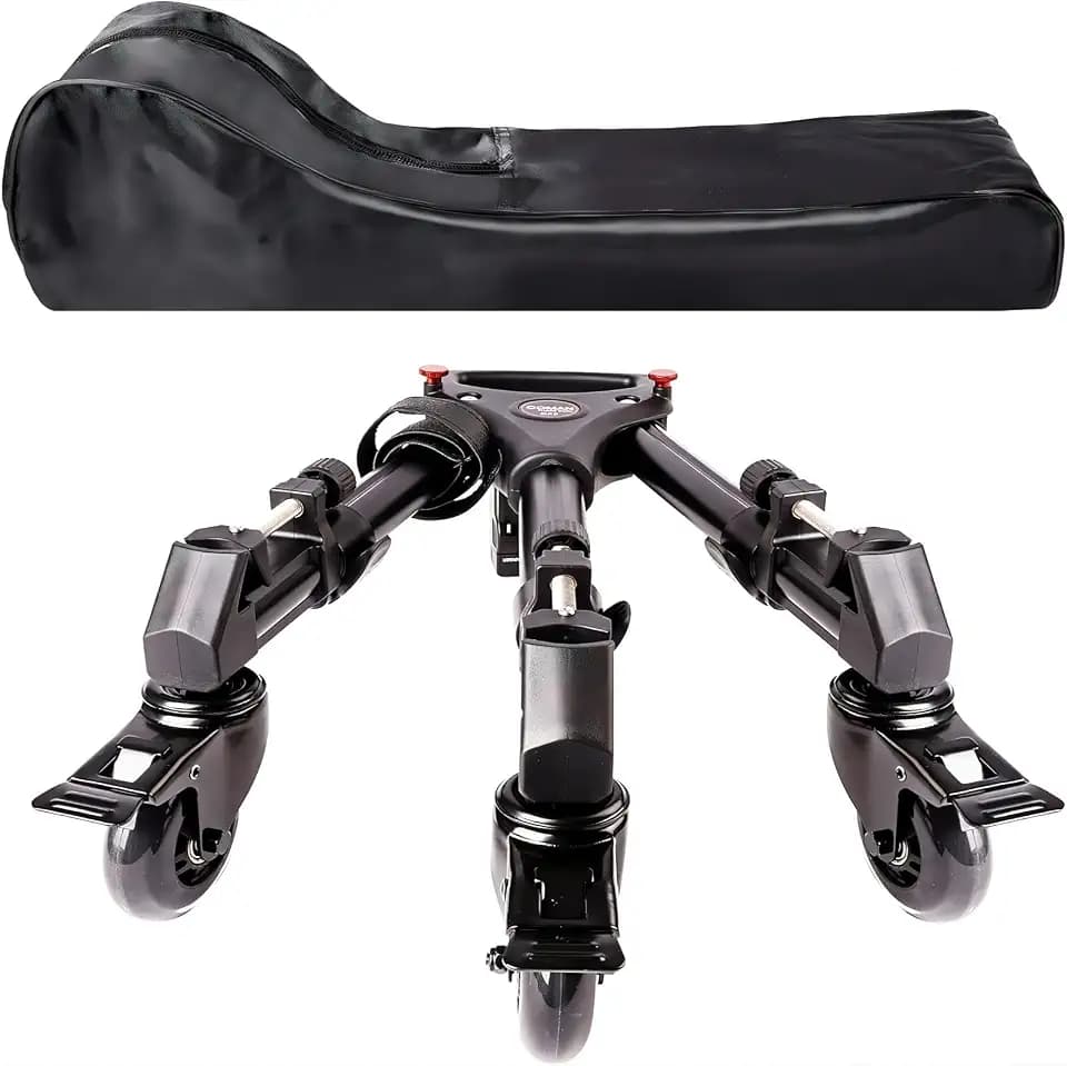 Photography Tripod Dolly, Heavy Duty with Larger 3-inch Rubber Wheels, Adjustable Leg Mounts and Carry Bag, Compatible with Most Tripods Perfect for Cameras Camcorder and Lighting Equipment Black