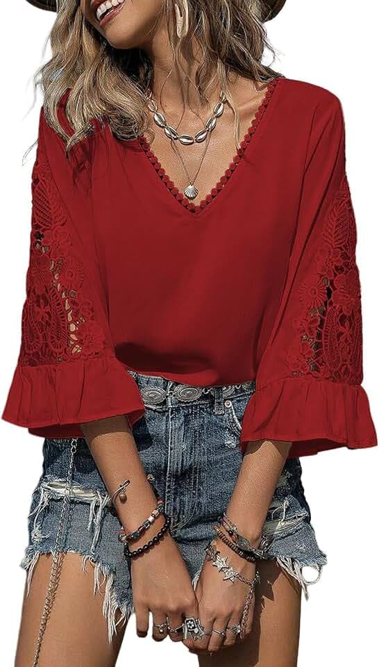 SHEWIN Womens Blouses V Neck T Shirts Pullover 3/4 Length Sleeve Tops Business Casual Spring Outfits for Women 2026
