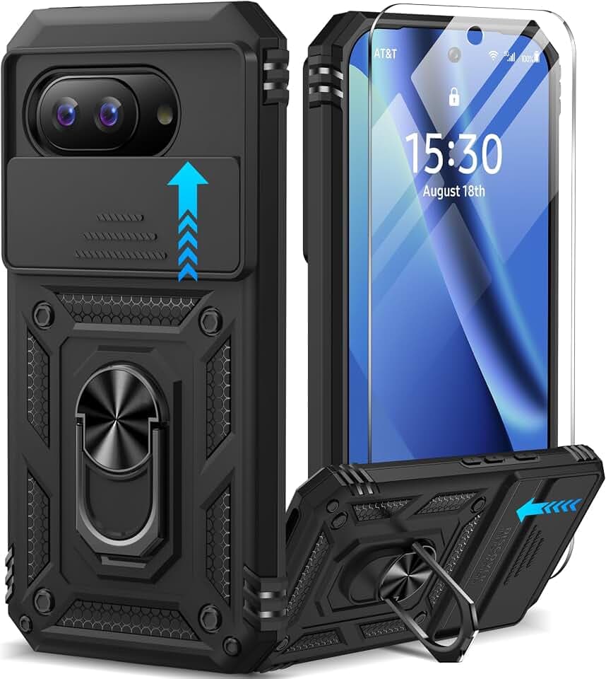 Taisairu for Google Pixel 10A Case with Screen Protector & Slide Camera Lens Cover,Built-in 360°Rotate Magnetic Ring Stand Shockproof Protective Phone Case for Google Pixel 10A Case (Black)