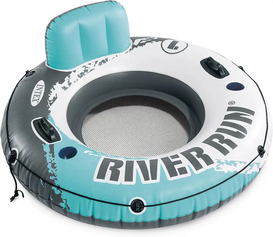 INTEX 56825EP River Run 1 Inflatable Floating Lounge: Comfortable Backrest – Built-in Cup Holders – Durable Grab Handles – All Around Grab Rope – 220lb Weight Capacity – Color May Vary