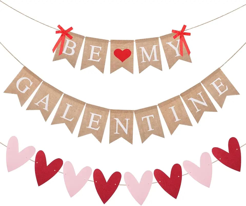 VitalCozy 3 Pcs Galentines Day Decorations Be My Galentine Banner Glitter Love Heart Burlap Hanging Garland Happy Galentines Day Decor Valentines Rustic for Home Party Supplies