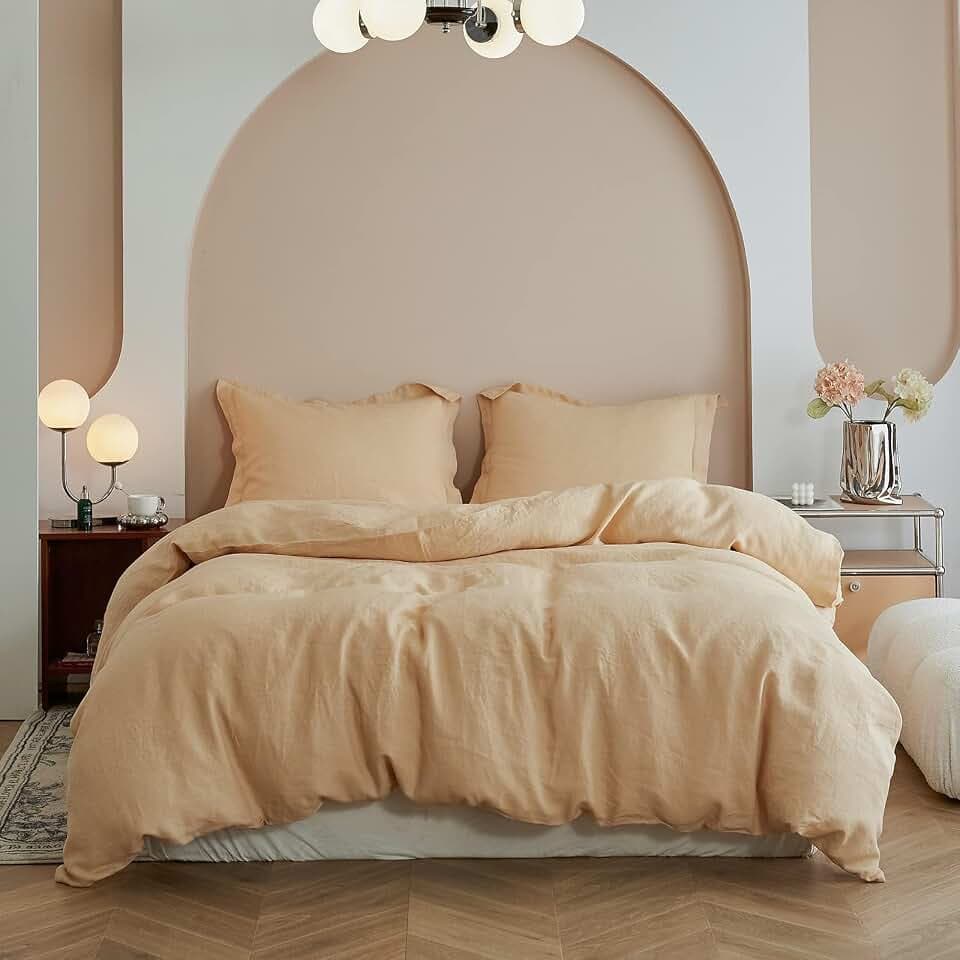 Simple&Opulence 100% Linen Duvet Cover Set, Natural French Flax Sand Duvet Cover Twin Size, Breathable Soft Comfy Linen Bedding Comforter Cover with 1 Pillowcase(Sand, 86"x68")