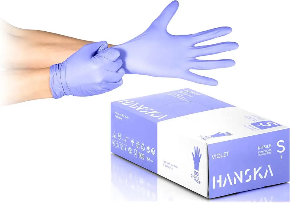 HANSKA 100 violette Nitril-Einweghandschuhe – puderfrei – Einweg – beidhändig – nicht steril – Gummibasis – geeignet für medizinische Bereiche, Handhabung von Lebensmitteln (100, S)