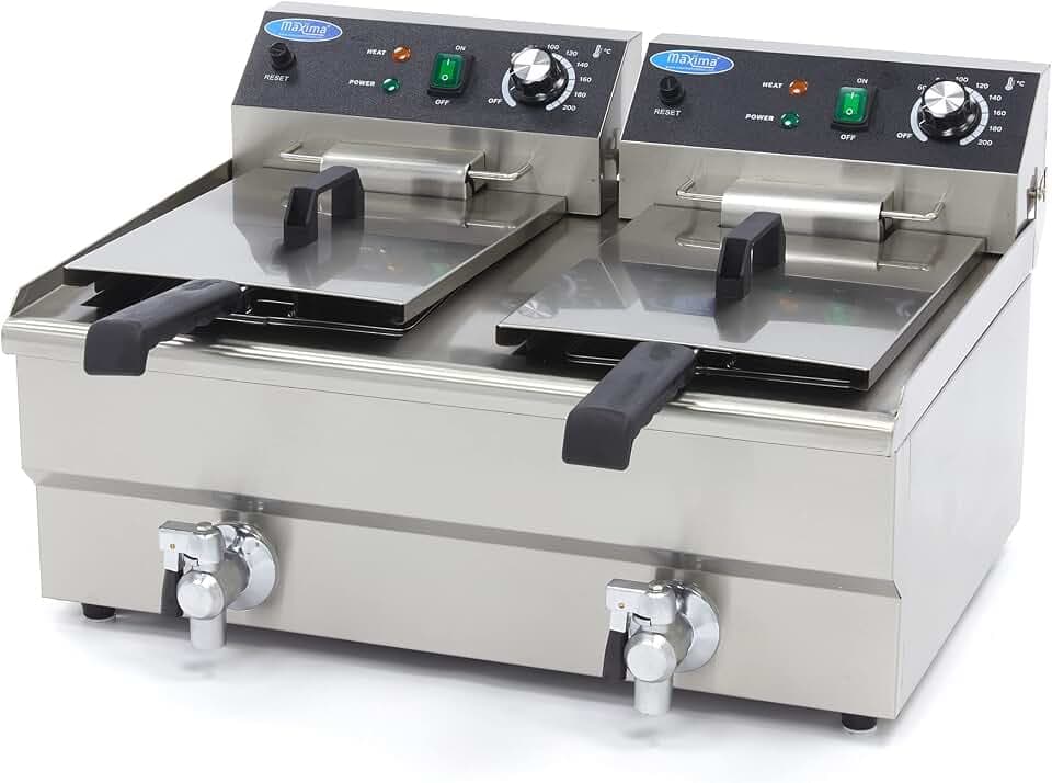 Fritteuse 2x 13 L – 2 Körbe – mit Hahn – Fritteuse – Doppel-Catering-Fritteuse – Edelstahl – Profi – 26 Liter