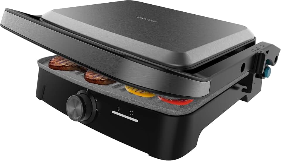 Cecotec Rock'nGrill 2000 Elektrogrill mit offenem Grill, 2000W, Öffnung 180°, Antihaftbeschichtung, schwimmende Platte, Fettauffang, vertikale Lagerung, einstellbare Temperatur, 279x229 mm