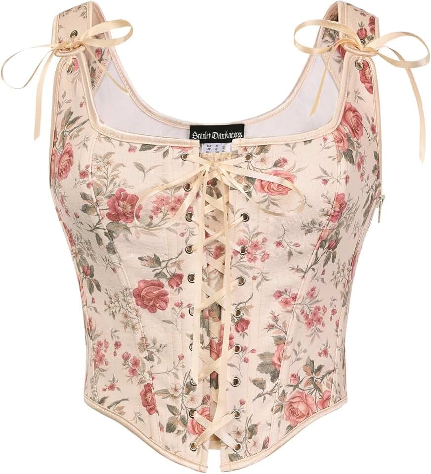 SCARLET DARKNESS Damen Renaissance Korsett Top Blumen Mittelalter Oberteil