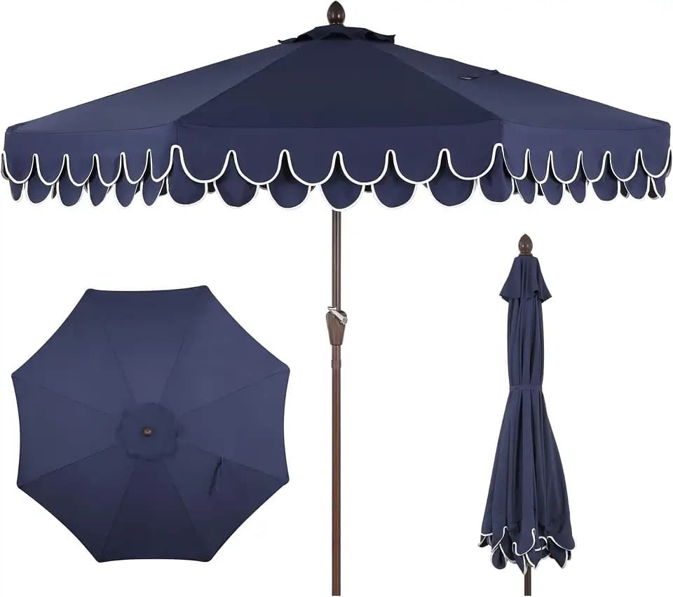JONATHAN Y Tracy 9' Scalloped Market Patio Umbrella, Navy/Dark Brown
