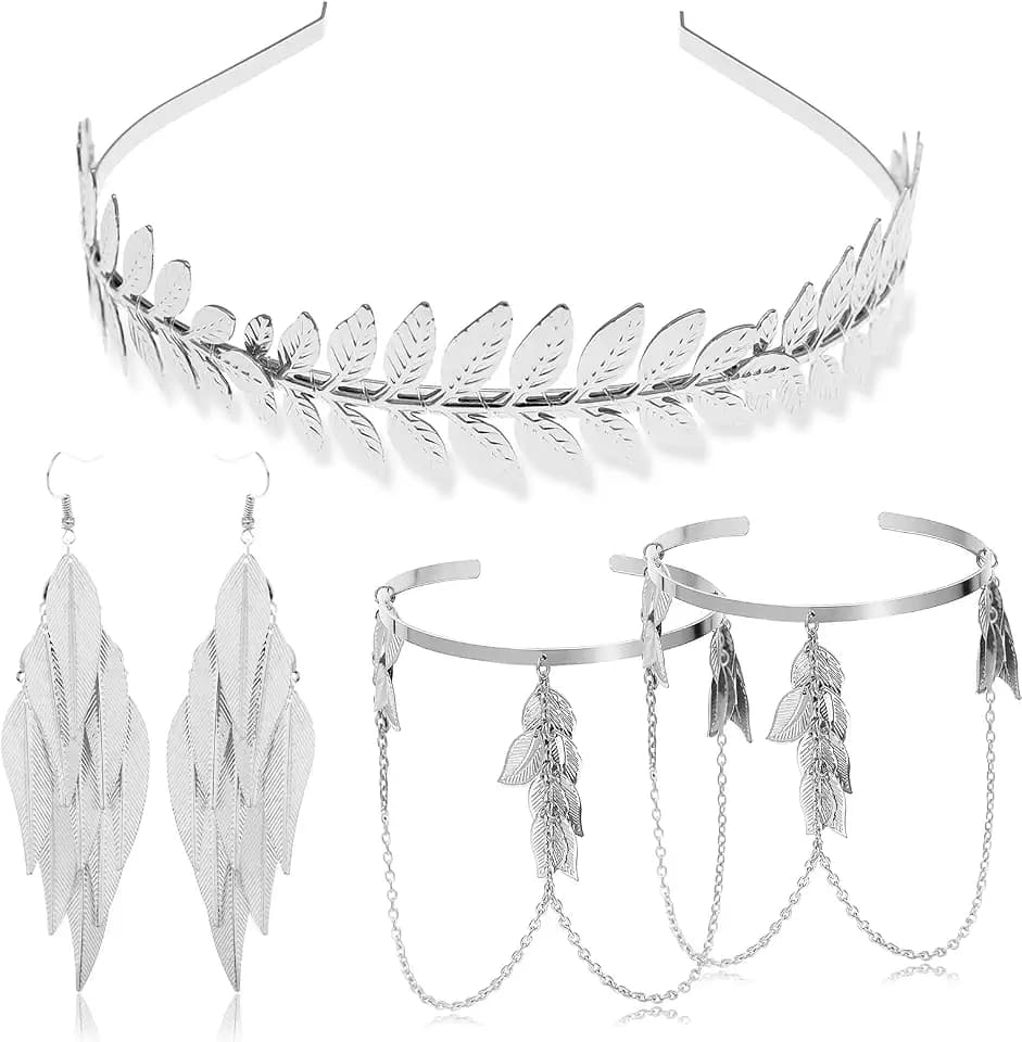 RechicGu 4 Pieces Grecian Goddess Leaf Laurel Costume Accessories Set Roman Toga Party Headband Upper Arm cuff Bracelet Band Earrings Jewelry Women Golden