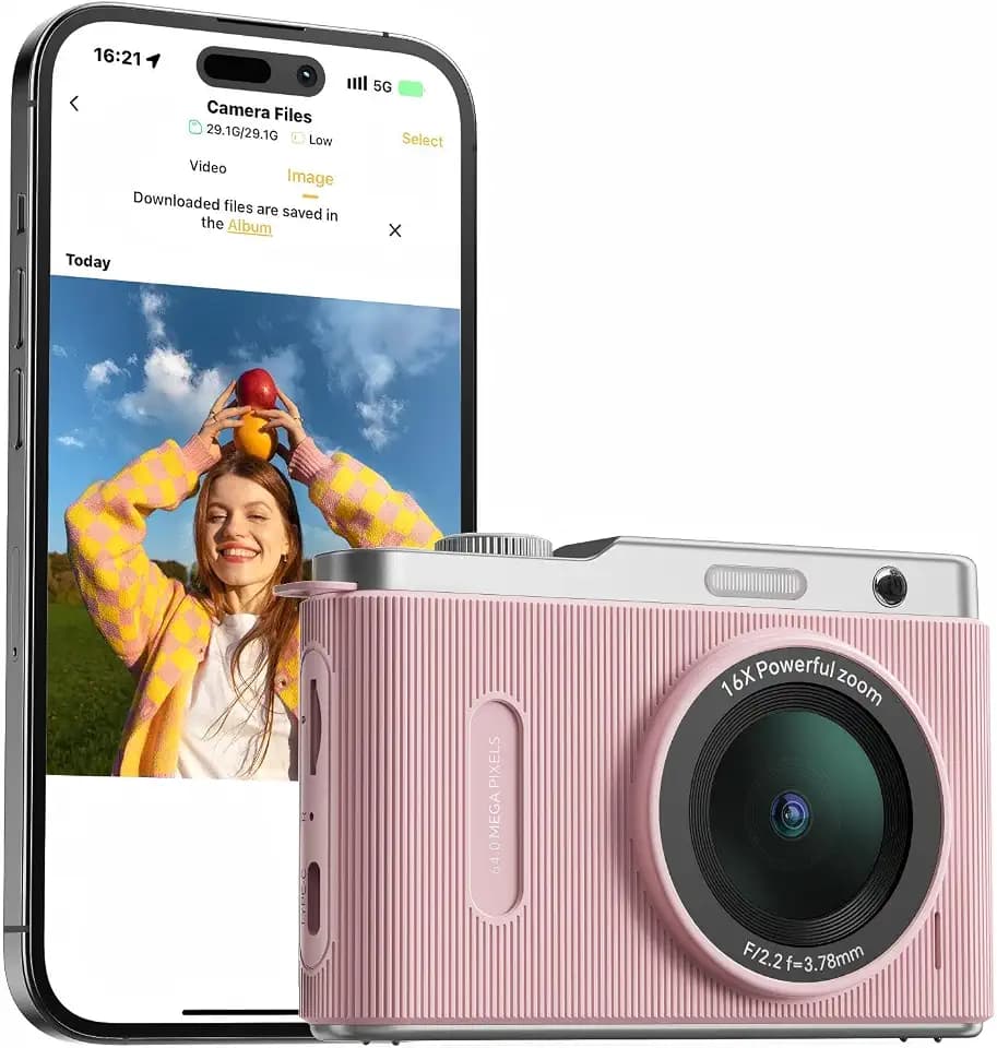 64MP 4K WiFi Digital Compact Camera for Kids Teens Dual Lens 16X Zoom Pink