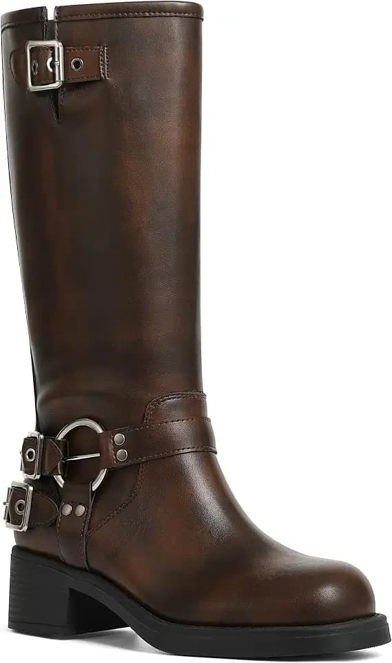 AMINUGAL Knee High Boots Women Moto Biker Buckle Tall Boots