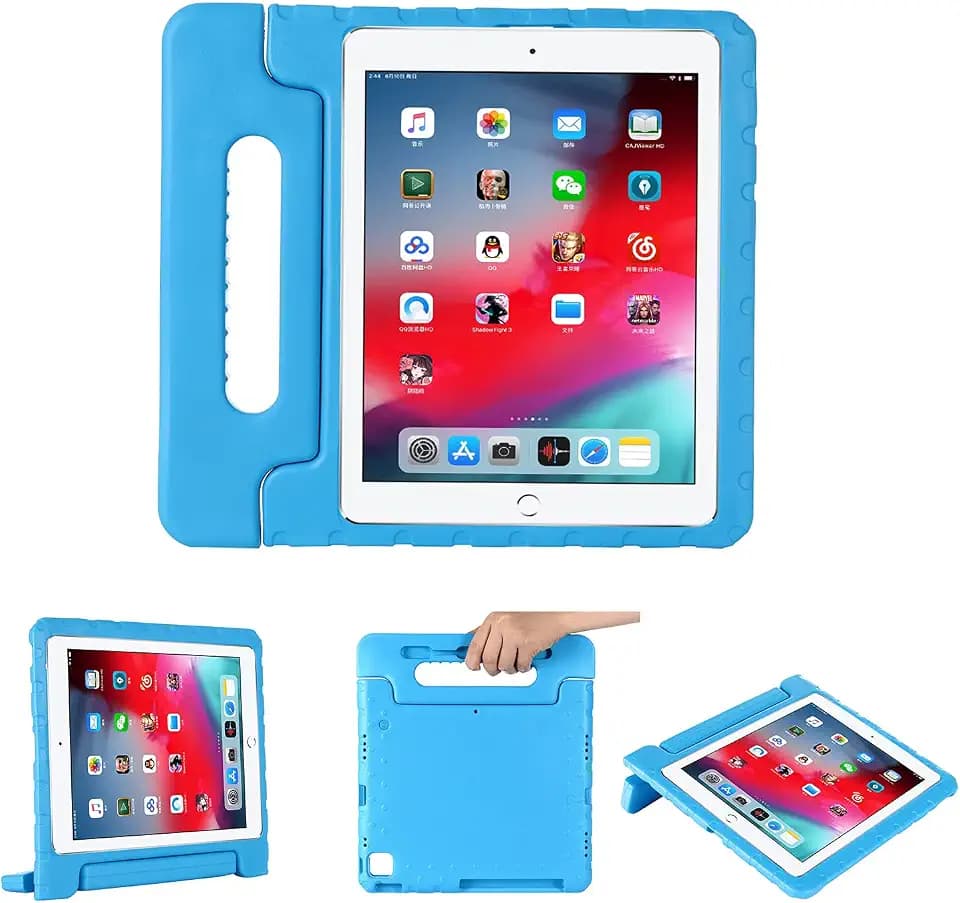 Kids Case for iPad Pro 12.9 inch 6th/5th/4th/3rd Generation 2022/2021/2020/2018 with Pencil Holder, Anti-Slip Handle Stand Lightweight Child Proof EVA Shockproof Rugged Kickstand Cover, Blue