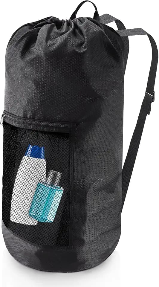 Laundry Bag Backpack,Olosar Extra Large Travel Laundry Bag with Mesh Pocket & Adjustable Shoulder Straps,Dirty Clothes Travel Bag for College Students Dorm,Apartment(Black)