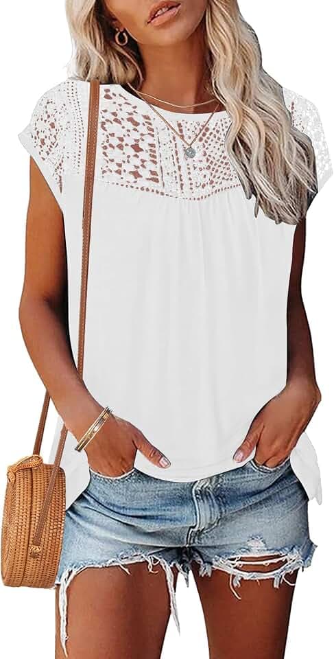 WNEEDU T Shirts Damen Sommer Spitzen Oberteile Kurzarm Bluse Rundhals Top