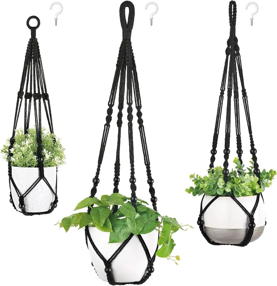 Mkono 3 Pack Macrame Plant Hangers Hanging Planters for Indoor Plants Black
