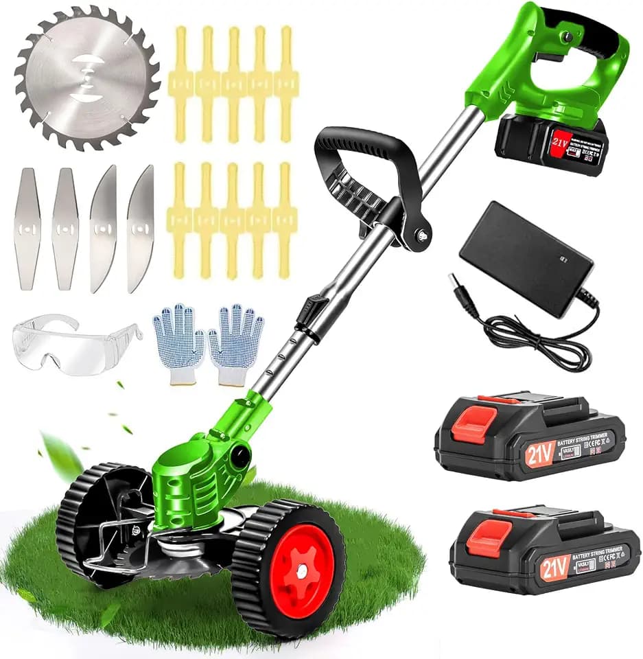 Cordless Weed Wacker 21V Stringless Weed Wacker Battery Powered Lightweight 3-in-1 Grass Trimmer/Brush Cutter/Edger with 2pcs Batteries&Wheel