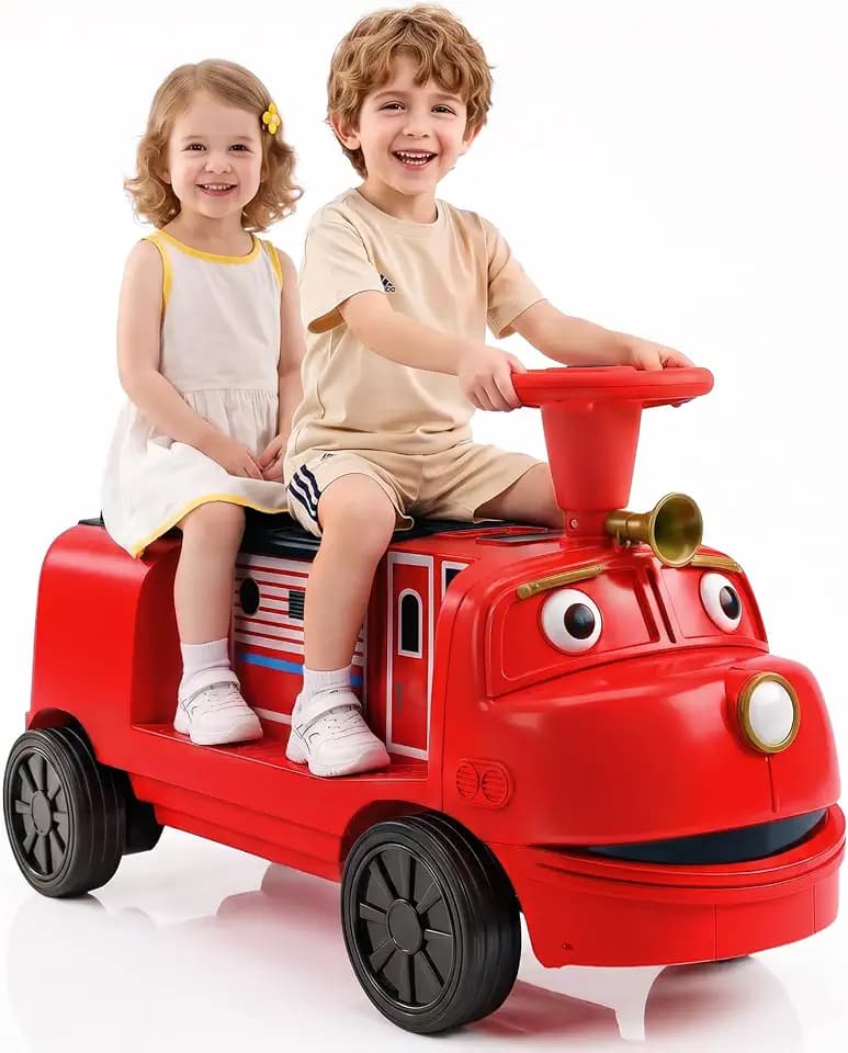 12V Ride On Train Trackless, Chuggington Licensed 2 Seater Ride on Car for Kids, Battery Powered Toddler Car with Storage Space, Whistle, Led, Music, 2 Speeds Max 150 LBS, Red