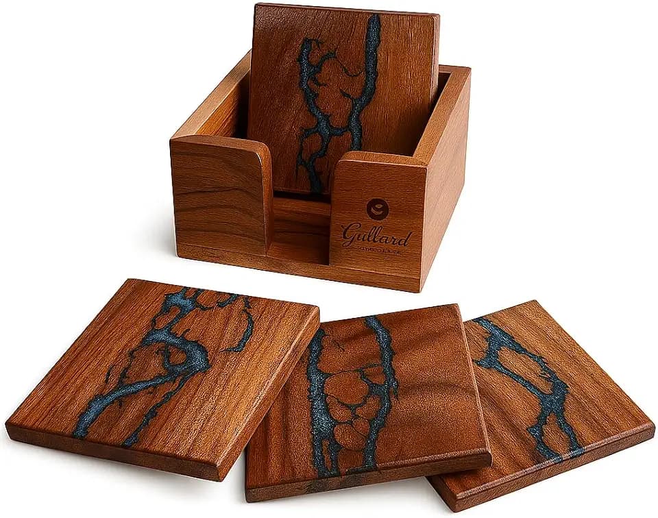 Beautiful Epoxy Resin and Wood Coaster Set | Ideal for Tabletop Protection | Enhance Your Coffee Table Decor | (Fractal Burning Blue)