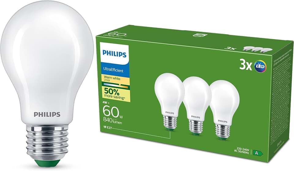 Philips Ultra Efficient – Ultra-energiesparende Lampe, LED-Lichtquelle, 60 W, A60, E27, warmweiß, matt, 3er Pack