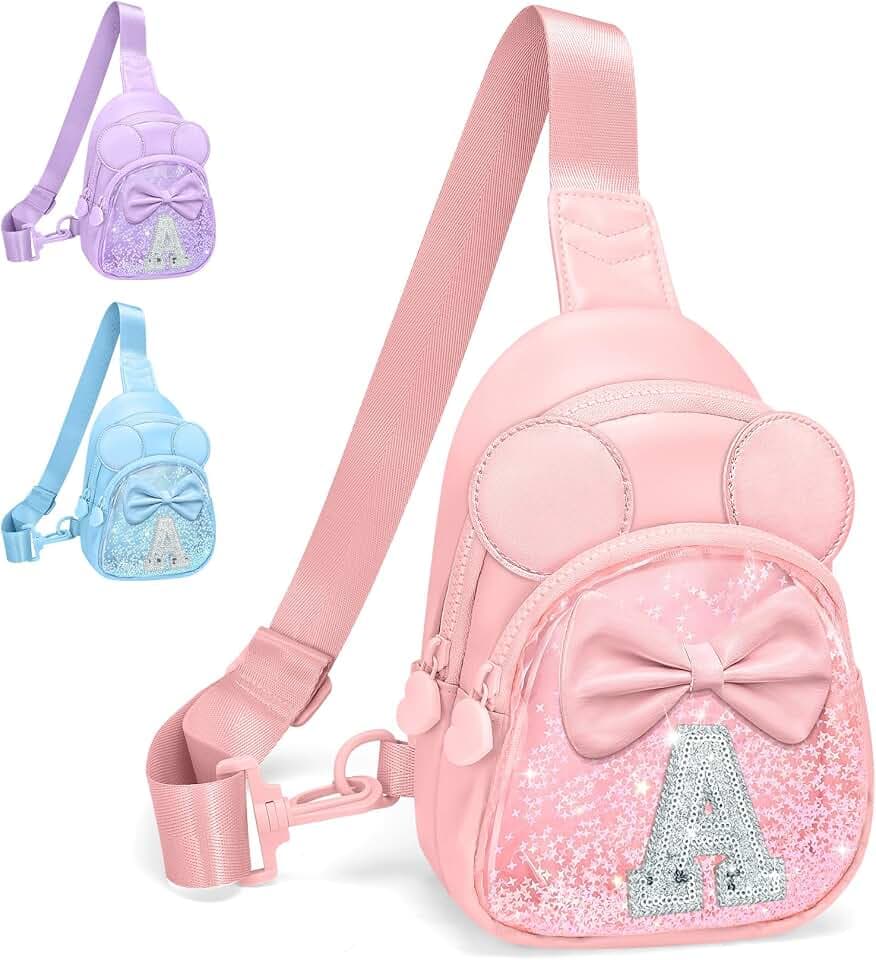 Glitter Initial Purse for Girls with Adjustable Strap 24"-41", Trendy Stuff Birthday Gift for 4-12-year-old Girls, Personalized PU Leather Crossbody Sling Bag for Kids Pink with Letter A