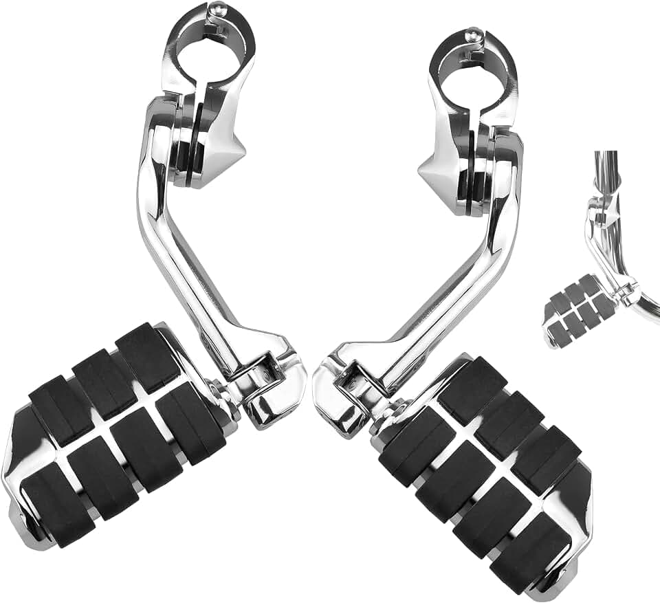 1.25” Motorcycle Adjustable Highway Footpegs for Harley Touring/Softail/Sportster (Street Glide/Road King) CVO Dyna Trike-Long Angled Crash Pegs w/Mounts & 1-1/4 Engine Guard Compatibility (Chrome)