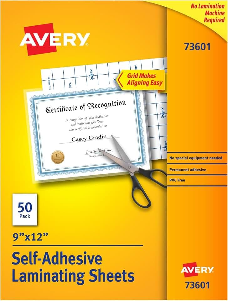 Avery Clear Laminating Sheets, 9" x 12", Permanent Self-Adhesive, 500 Self-Laminating Sheets Total, Great for Protecting Documents, Photos, and Signs More (10-Pack of 73601)