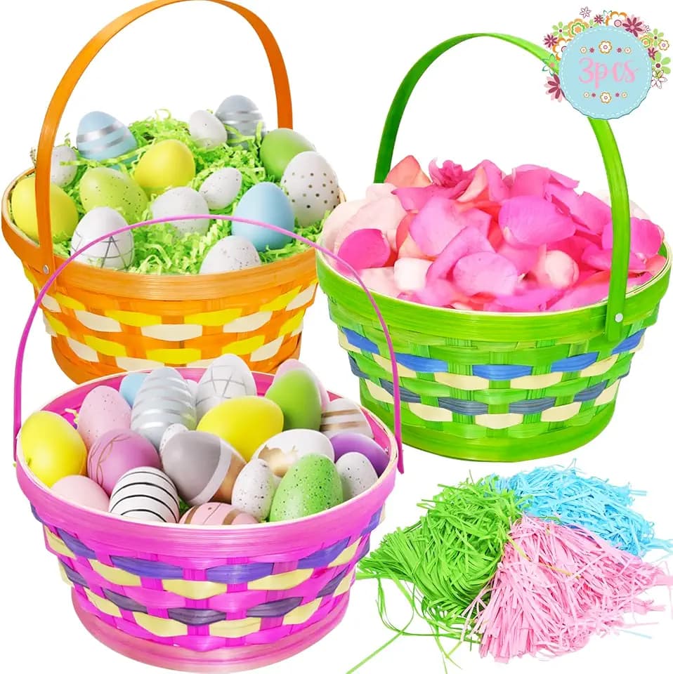 3Pack Easter Plaid Basket for Party Favors, Round Woven Goodie Basket with Folding Handle for Easter Egg Hunt Storage, Picnic, Decorations