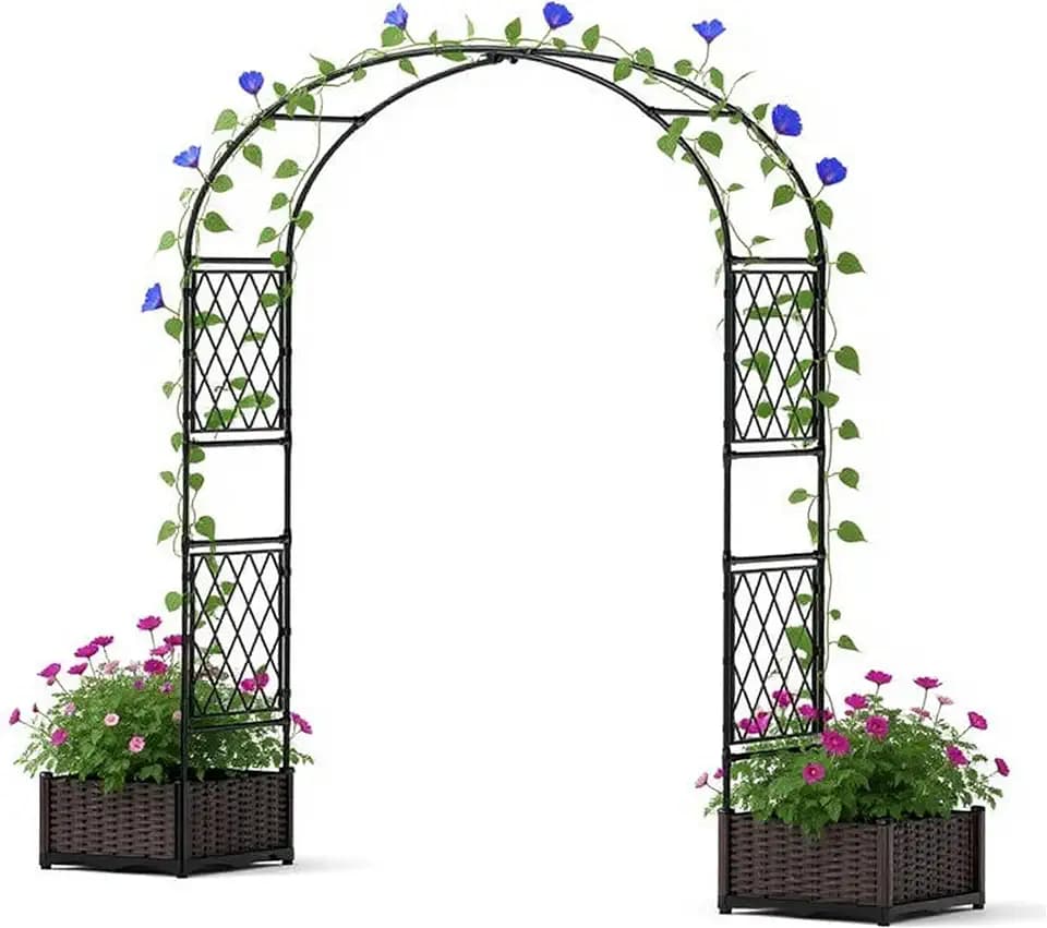 90.5" Garden Arbor with 2 Planter Boxes | PE-Coated Metal Arch Trellis for Climbing Plants, Rust-Resistant Wedding Archway & Decorative Lawn, Backyard Yard Frame | Weatherproof & Easy Assembly