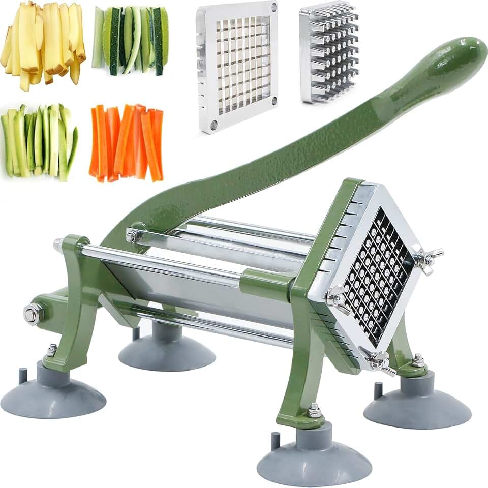 French Fry Cutter Commercial Grade Potato Cutter for Sweet Potato, Carrot, Yam, Cucumbers with Cast Iron Handle, Suction Feet, 3/8 Inch Stainless Steel Blade, Green