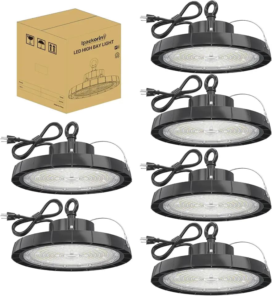 UFO LED High Bay Light 250W 6 Pack: High Bay LED Shop Light 37500LM 5000K AC100-277V with 5' Cable with US Plug, Hanging Ring, Safe Rope - ETL Listed High Bay for Warehouse Factory Barn Shop
