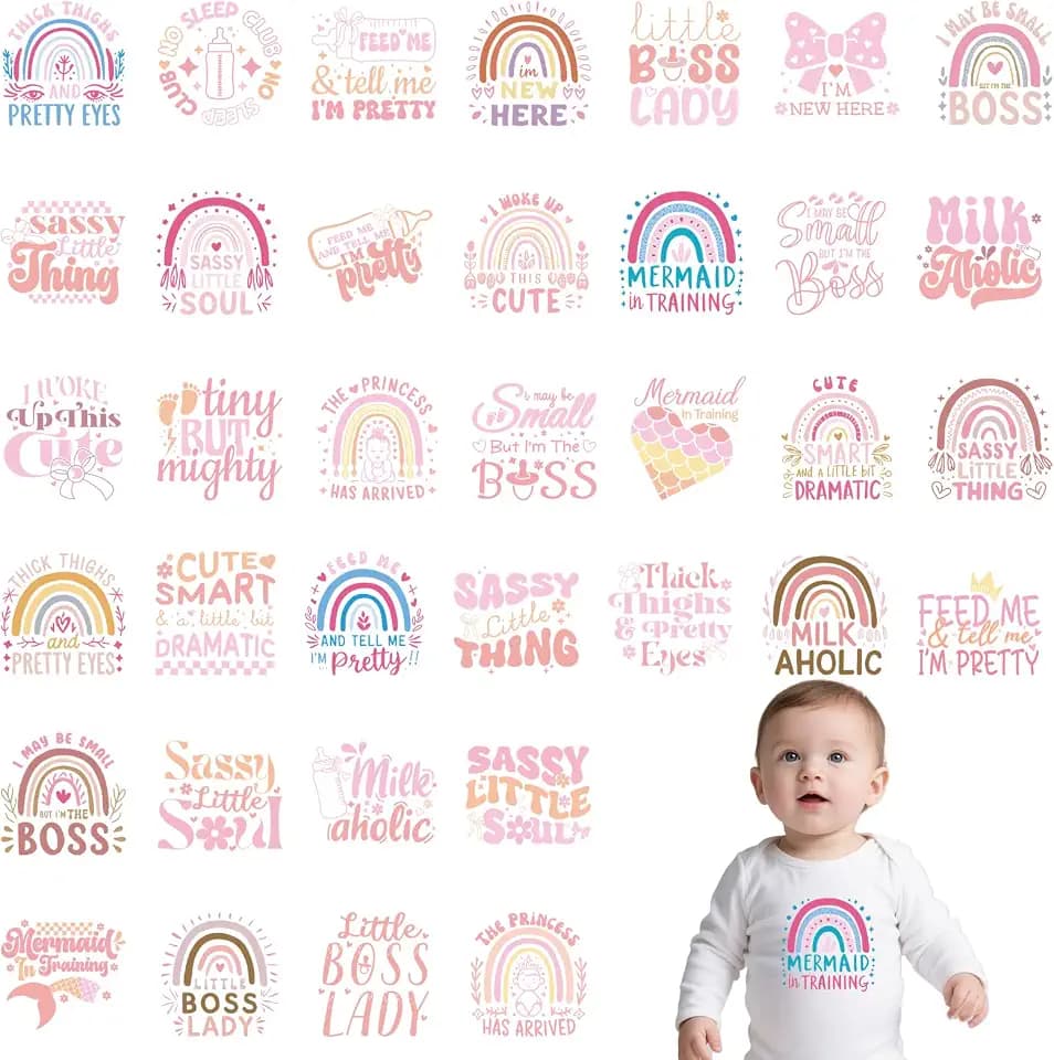 Baby Shower Iron on Transfers - 36Pcs Pink DTF Transfers Ready to Press, Baby Girls Iron on Decals Patches Bodysuit, Vinyl Stickers for Baby Onesie Bibs Decorating Kit Gender Reveal Party
