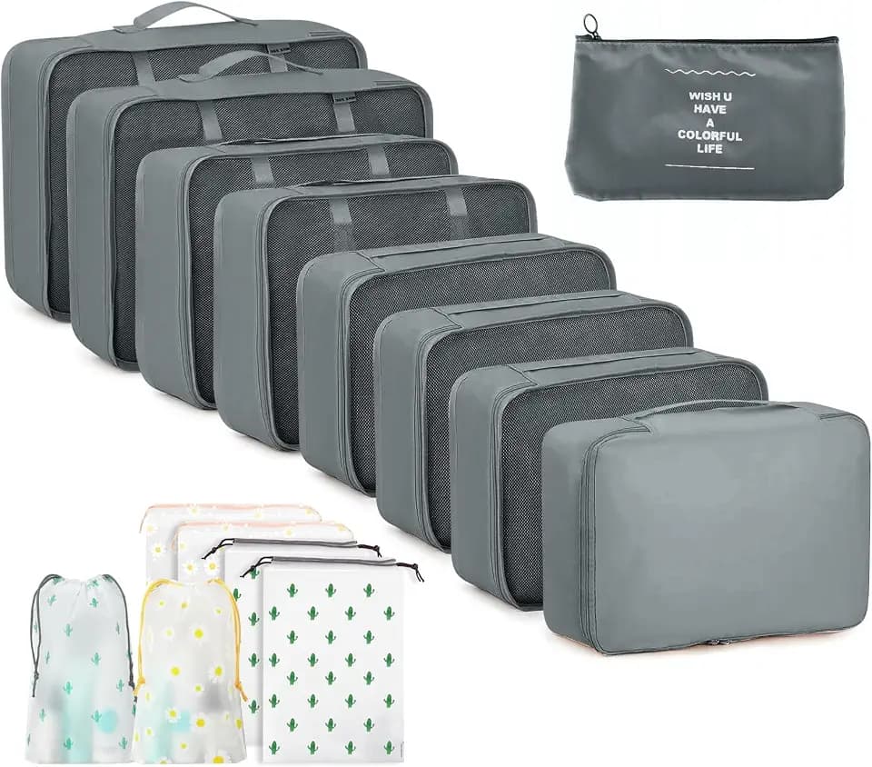 GIBOHOM Koffer Organizer Set, 15 Stück Packing Cubes, Wasserdichte Kleidertaschen für Urlaub und Reisen, Travel Organizer, Reiseorganizer mit Packtaschen Transparentem, Grau
