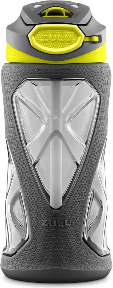 ZULU Torque 16oz Plastic Kids Water Bottle with Silicone Sleeve and Leak-Proof Locking Flip Lid, Soft Touch Carry Loop for School Backpack, Lunchbox, BPA-Free Dishwasher Safe, Grey/ Green