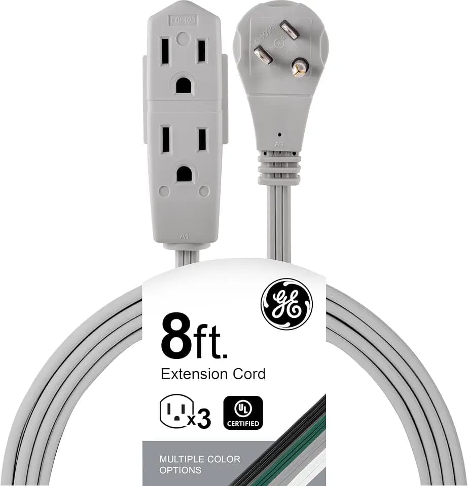 GE 3-Outlet Flat Extension Cord 8 Ft Grounded Extension Cord with Multiple Outlets 3 Prong Outlet Extender Flat Plug Indoor Power Strip 16 Gauge UL Listed Gray 43027