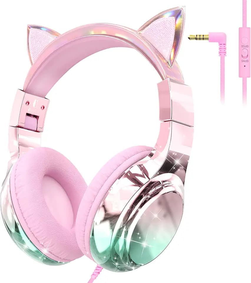 QearFun Kids Cat Ear Headphones with Cord with Mic, 85/94dB Volume Limit
