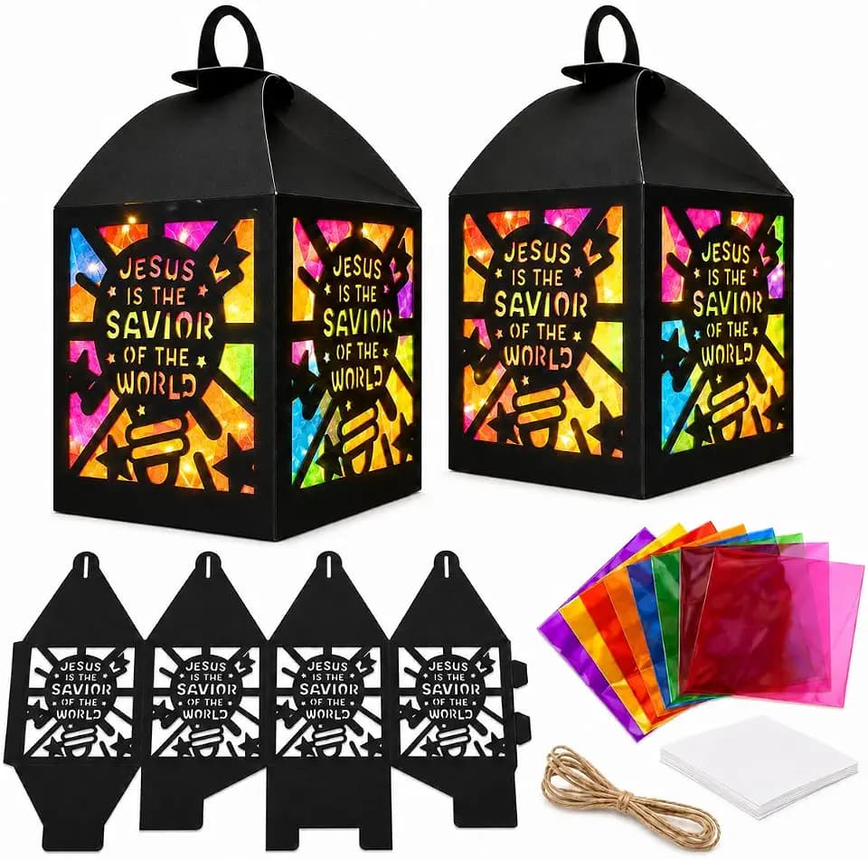 Cinrobiye 16 Sets Christian Lantern Craft Kit, Tissue Paper DIY Hanging Lanterns, Jesus Light Religious Crafts for Sunday School, Church Bible Class, Christian Classroom Activities & Decorations