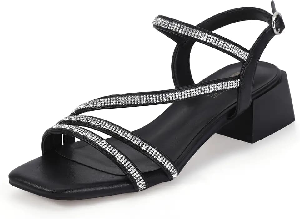 IDIFU IN2 Women's Rhinestone Low Heels Sparkly Dressy Block Heeled Sandals