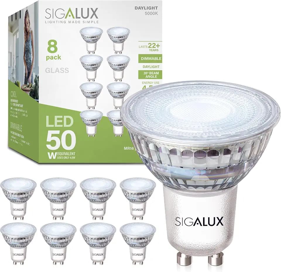 Sigalux GU10 LED Light Bulbs, Dimmable 5000K Daylight White Natural Light, 4.5W 450LM, MR16 LED Bulb Equivalent 50W Halogen Replacement, 35 Degree Spot for Track Light Bulb, Pack of 8
