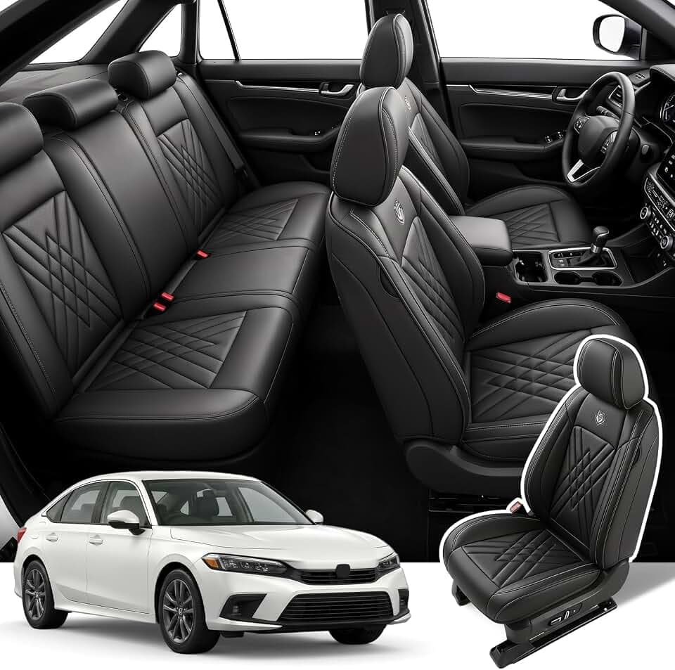 kaiweiqin Custom Fit Nappa Leather Seat Covers for Honda Civic Sport 2018-2026, EX 2014-2024, LX 2013-2025, Waterproof Full Coverage Protectors for All-Weather Use-Black