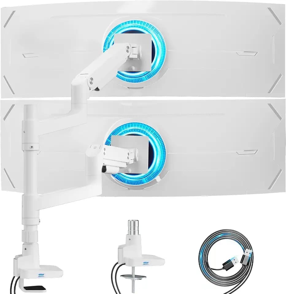 ARES WING White Ultrawide Dual Monitor Mount with USB A/C for 17 to 49 Inch