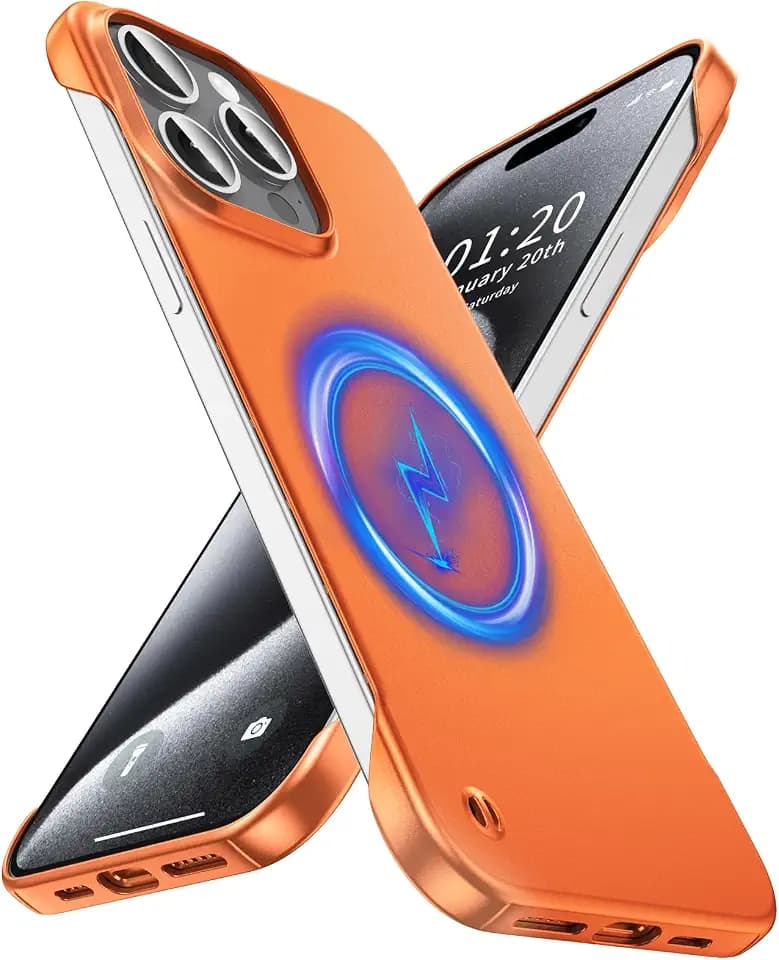 GRECAZO Magnetische, ultradünne, mattierte Schutzhülle für iPhone 15 Pro Max, rahmenlos, 6,7 Zoll, kompatibel mit MagSafe; schlank, minimalistisch, leicht, matt, Hartschale, randlos, Orange