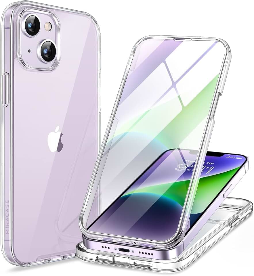 Miracase 360 Grad Hülle für iPhone 13/ iPhone 14 (6.1 Zoll), Ganzkörper Schutzhülle mit eingebauter Glas Displayschutzfolie, Stoßfeste Fullbody Handyhülle, Transparent
