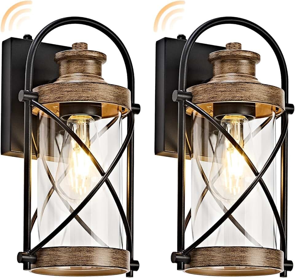 Dusk to Dawn Outdoor Wall Lights Fixtures, Waterproof Exterior Lighting Fixtures with Photocell Sensor,Vintage Faux Wood Grain Metal Cage Lantern Outside Lights for House Porch Patio Garage（2 Pack）