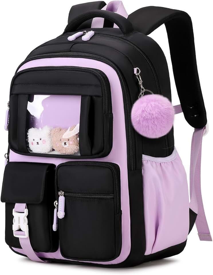 PIG PIG GIRL Kids Backpack for Girls School Bags for Middle School Students Book Bag for Elementary Primary Kawaii Ita Backpack, Black and Purple