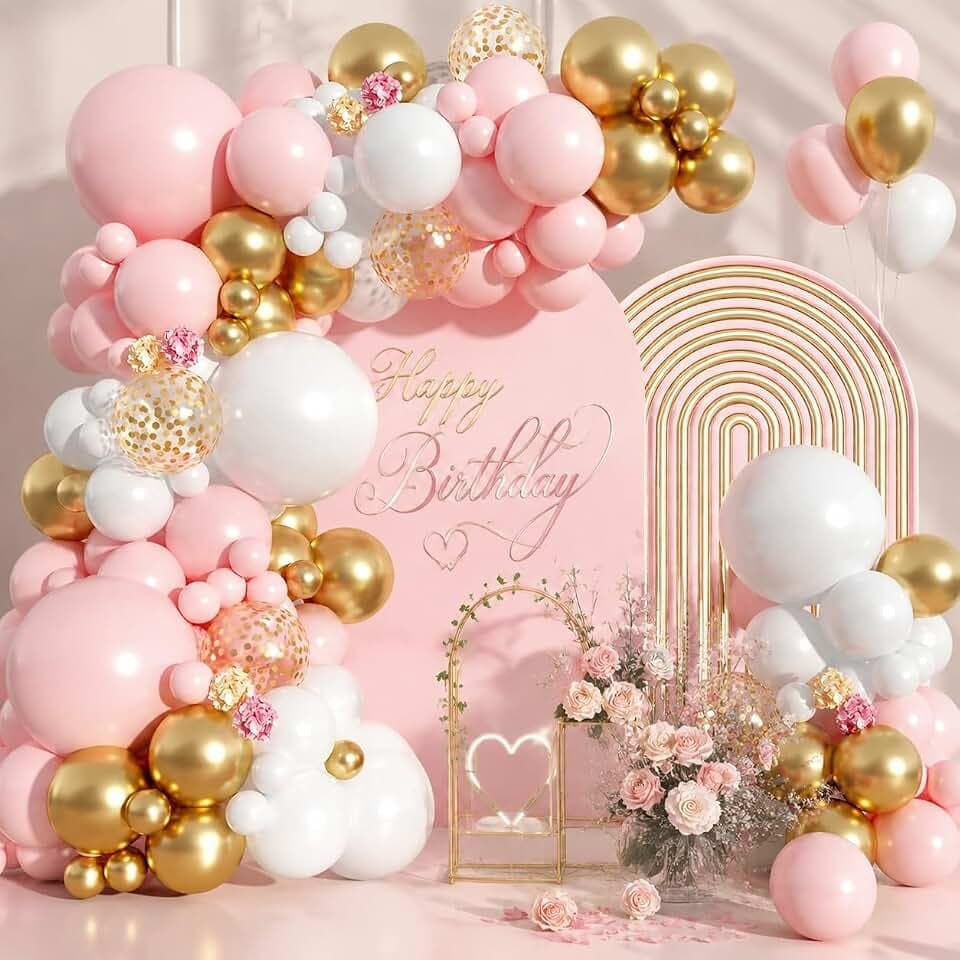 Luftballon Girlande Rosa Gold, 105 Stück Ballons Geburtstag Ballonbogen Hochzeit Deko, Goldene Metallic Helium Ballon Konfetti Gold für Geburtstagsdeko Mädchen, Luftballons für Babyparty Kinderparty