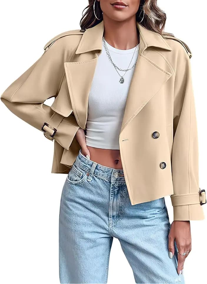 ebossy Women's Double Breasted Short Duster Trench Coat Lapel Loose Windproof Cropped Jacket Coat with Pockets