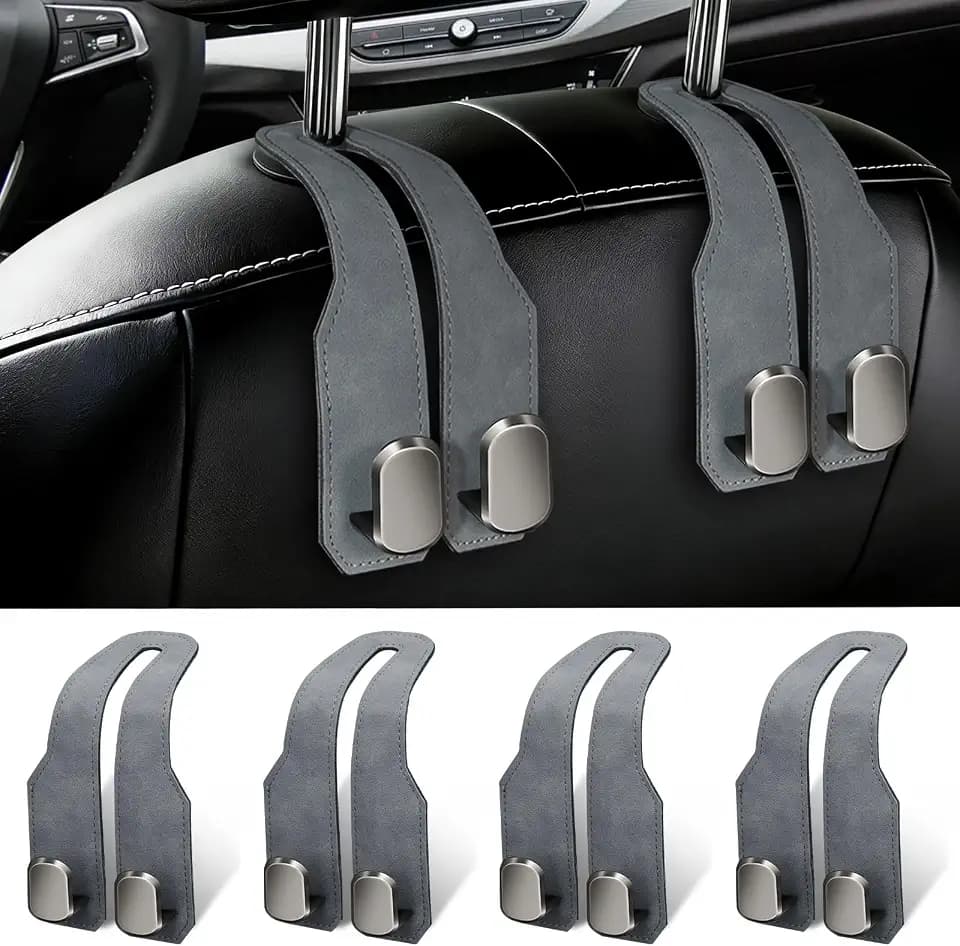 4 Pack Car Seat Headrest Hooks for Purses and Bags, Car Purse Holder With Double Metal Hooks, Headrest Back Seat Handbags Hook, Universal Car Purse Hanger, Cute Car Hanging Accessories, Grey