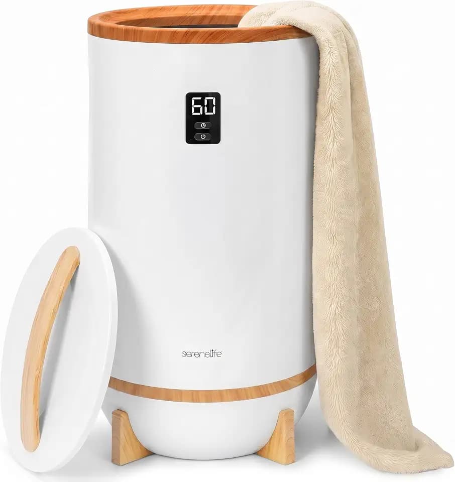SereneLife Towel and Blanket Warmer - Single Touch Portable Towel Heater for Bathroom, Fragrant Disc Holder, LED Ring, 2 Large Towel Capacity, Built-in Timer (15-60 mins), Auto Shut-Off (White)